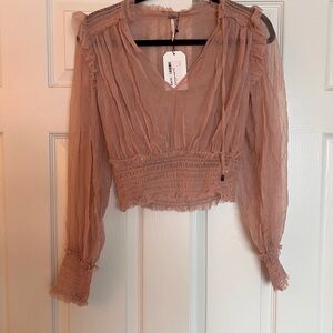 NWT Free People Mesh Ruffle V-Neck Blouse in Dusty Pink sz S